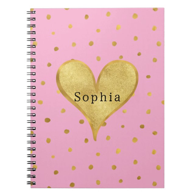 Cuaderno Corazón de puntos de oro rosa (Frente)