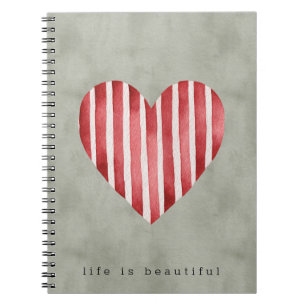Cuaderno Corazón de rayas crema rojo verde oliva  