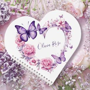 Cuaderno Corazón floral elegante de mariposa personalizada