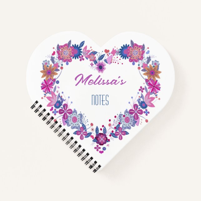 Cuaderno Corazón floral floral nombre azul rosa (Anverso)