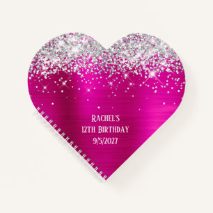 Cuaderno Corazón Glam Rosa Brillante Purpurina Plateada Cum