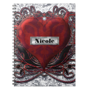 Cuaderno Corazón Gótico Romántico Rojo Negro Plateado San V