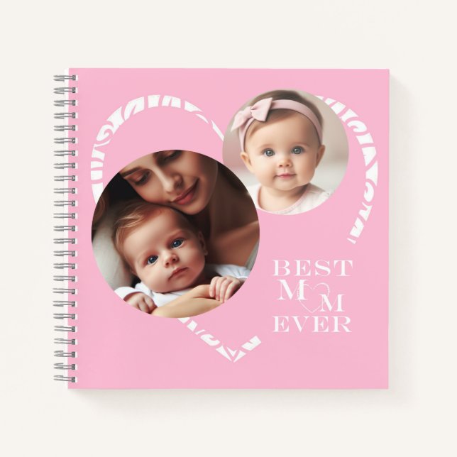 Cuaderno Corazón "Mejor Mamá Nunca" 3-Foto, Rosa y Blanco (Anverso)