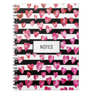 Cuaderno Corazón Personalizado de Rayas Negras y Rosa Moder