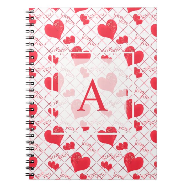 Cuaderno Corazón rojo, texto, "te amo", rojo y blanco. (Frente)
