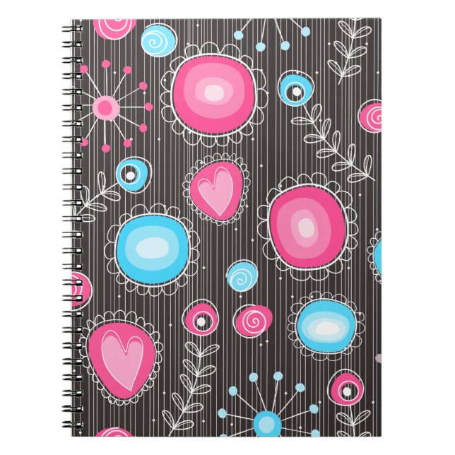 Cuaderno Corazón rosa y azul singulares y flores florales (Frente)