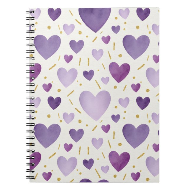 Cuaderno Corazones de Acuarela Morados Regios (Frente)
