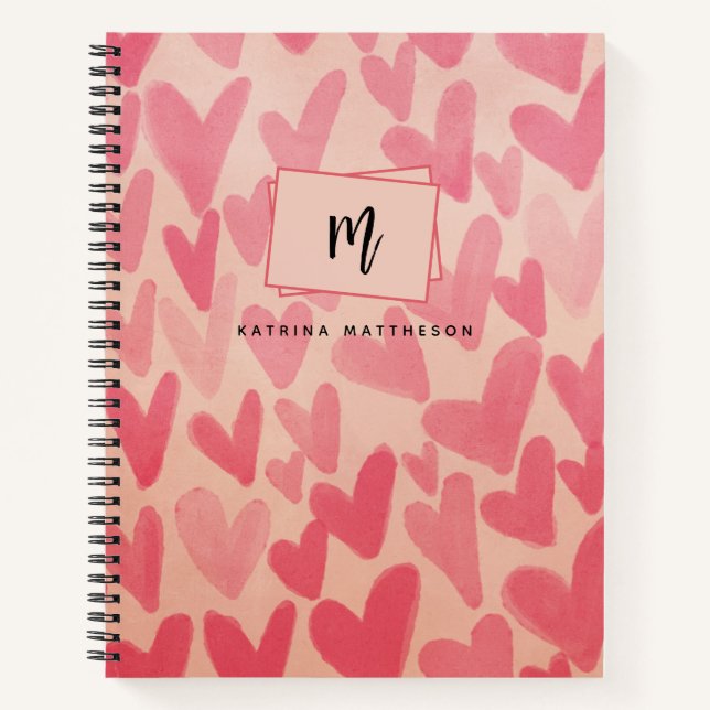 Cuaderno Corazones de doodle rosados modernos monogramados (Anverso)