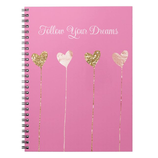 Cuaderno Corazones de glam rosado Purpurina de oro (Frente)