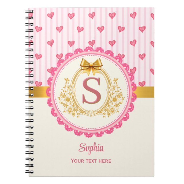 Cuaderno Corazones de Monograma de Princesa Encantadora (Frente)