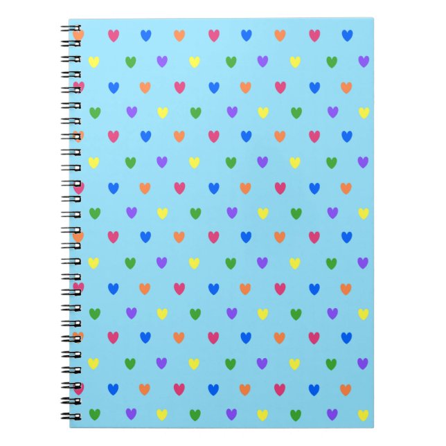 Cuaderno Corazones de polka arcoiris sobre azul bebé (Frente)