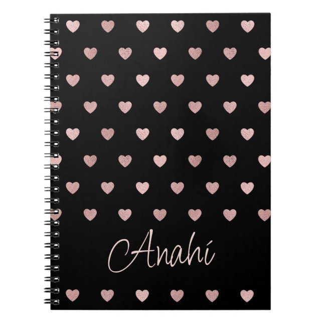 Cuaderno Corazones de Punto de Polka Oro Rosa Negro Persona (Frente)