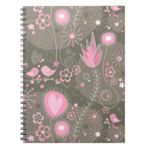 Cuaderno Corazones, pájaros y flores de rosa y gris singula