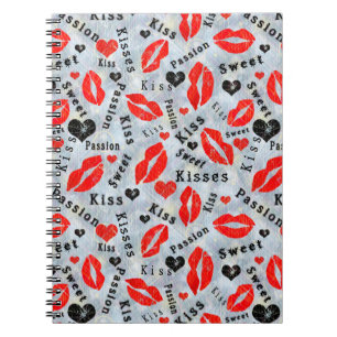 Cuaderno Corazones, rojo, negro, huellas de labios, besos