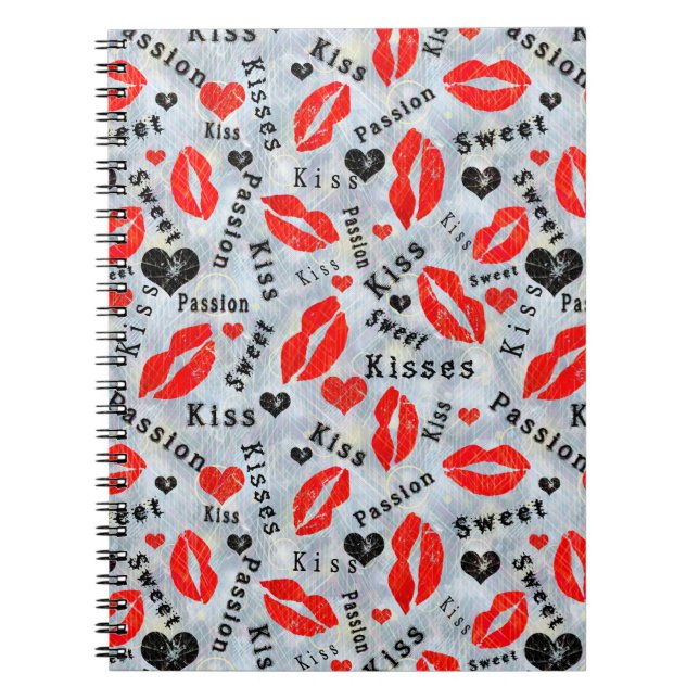 Cuaderno Corazones, rojo, negro, huellas de labios, besos (Frente)