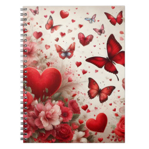 CUADERNO CORAZONES ROJOS DE SAN VALENTÍN FLORES MARIPOSAS