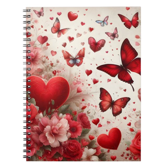 CUADERNO CORAZONES ROJOS DE SAN VALENTÍN FLORES MARIPOSAS (Frente)