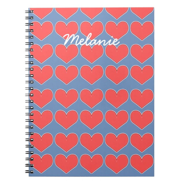 Cuaderno Corazones rojos sobre el patrón azul personalizado (Frente)