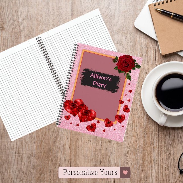 Cuaderno Corazones rojos y Purpurina Rosa (Red Hearts & Rose Glitter Notebook)
