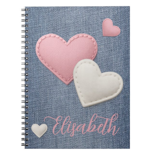 Cuaderno Corazones rosadas y blancas con título en Denim (Frente)