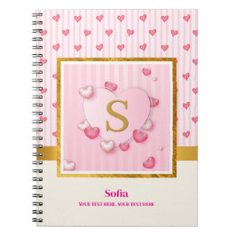 Cuaderno Corazones rosados elegantes y monograma dorado ini