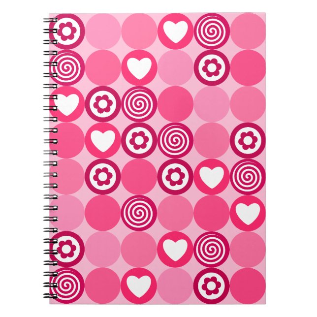 Cuaderno Corazones Rosas y Patrón de Flores de Puntos para  (Frente)