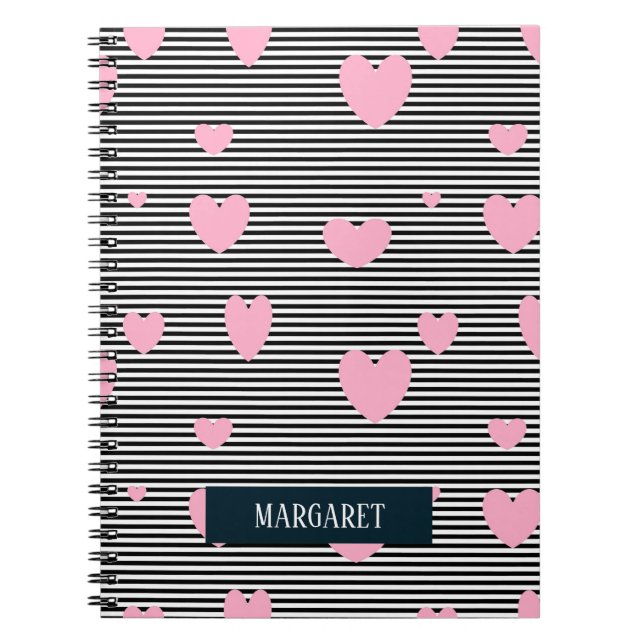 Cuaderno Corazones y rayas rosadas personalizadas (Frente)