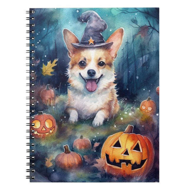 Cuaderno Corgi de Halloween con calabazas aterrador (Frente)