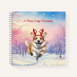 Cuaderno Corgi de Navidad Reno cuernos saltando en nieve