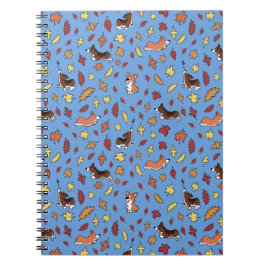 Cuaderno Corgi Fall Leaves Blue Plain Notebook