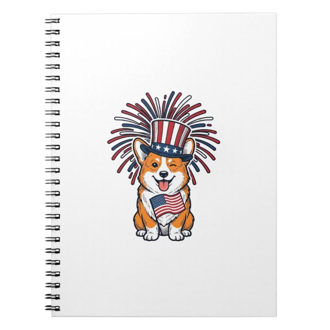 Cuaderno Corgi Patriótico Fuegos Artificiales Diseño Vector (Frente)