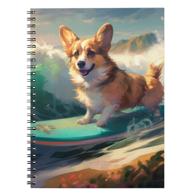 Cuaderno Corgi Pintura de Surf en la Playa (Frente)