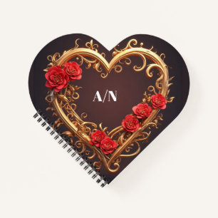 Cuaderno Corona de corazón ornamental dorado con flores roj