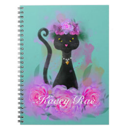 Cuaderno Corona de flores de gato negro sentada en rosas ro