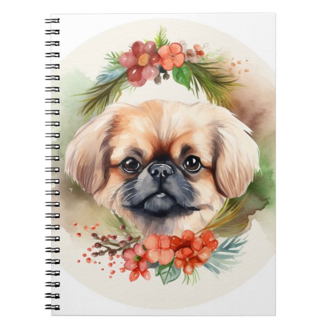 Cuaderno Corona de Navidad de Pekinés Cachorro Festivo (Frente)