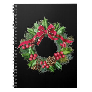 Cuaderno Corona de Navidad elegante con lazo rojo, acebo y