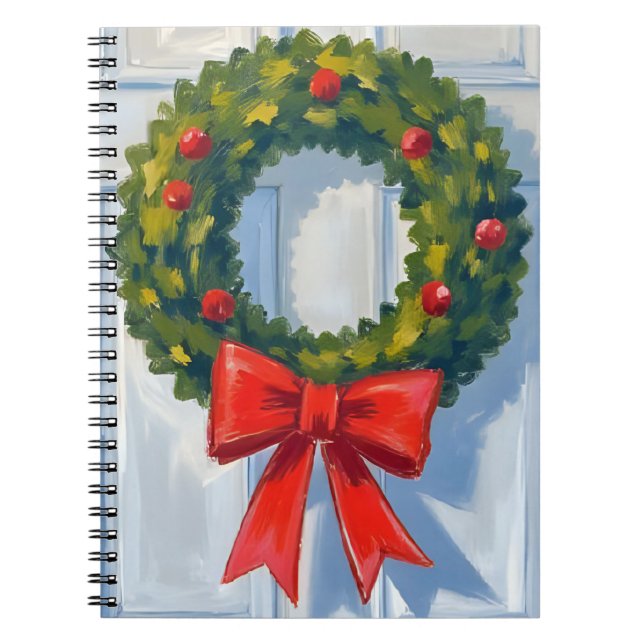Cuaderno Corona de Navidad lazo rojo acuarela blanca (Frente)