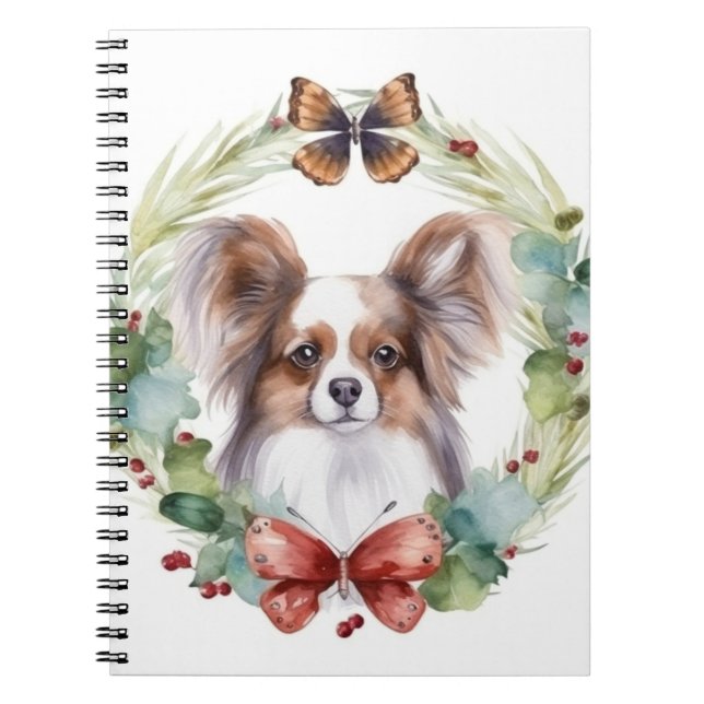 Cuaderno Corona de Navidad Papillon Perro Festivo (Frente)