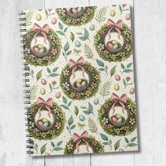 Cuaderno Corona de Pascua de boj con lazo rosa y huevo (Subido por el creador)