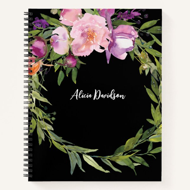 Cuaderno Corona de peonías elegantes al acuarela | tu nombr (Anverso)