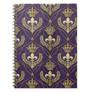 Cuaderno Corona Dorada Fleur-de-lis Real Patrón Púrpura Art