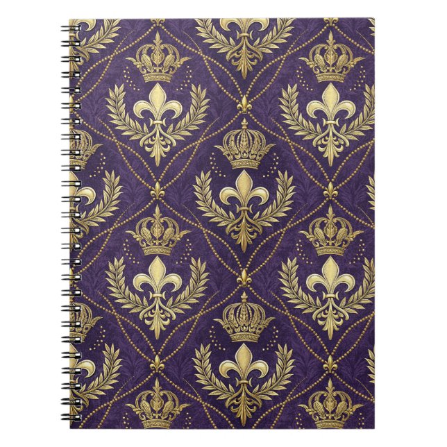 Cuaderno Corona Dorada Fleur-de-lis Real Patrón Púrpura Art (Frente)