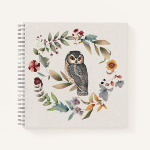 Cuaderno Corona floral de búho con acuarela