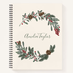 Cuaderno Corona floral de Navidad con nombre personalizado 