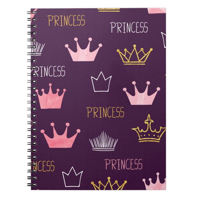 Cuaderno Coronas de princesa: patrón purpurina de acuarela. (Frente)