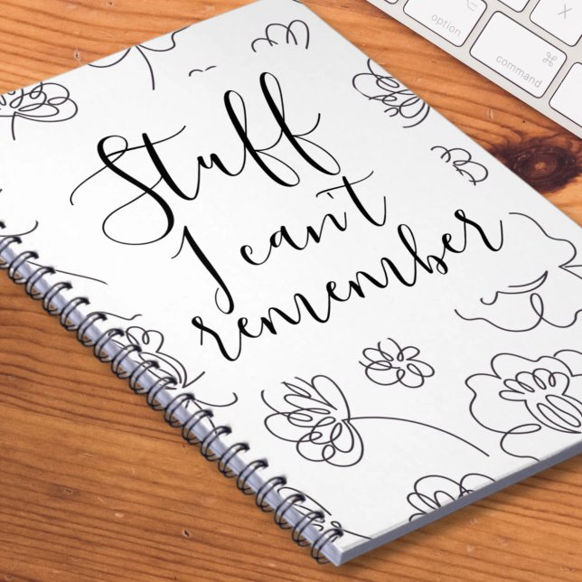 Cuaderno Cosas que no puedo recordar (Stuff I Cant Remember Notebook by Ricaso. Black and white flower pattern notebook.)