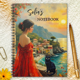 Cuaderno Costa Italiana con portátil Lady y gato negro