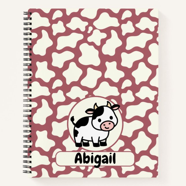 Cuaderno Cow Pattern in White on Red with Cow and Name (Anverso)
