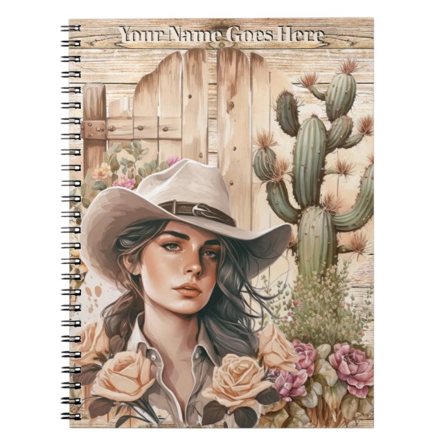 Cuaderno Cowgirl acuarela cactus rosa floral moda occidenta (Frente)