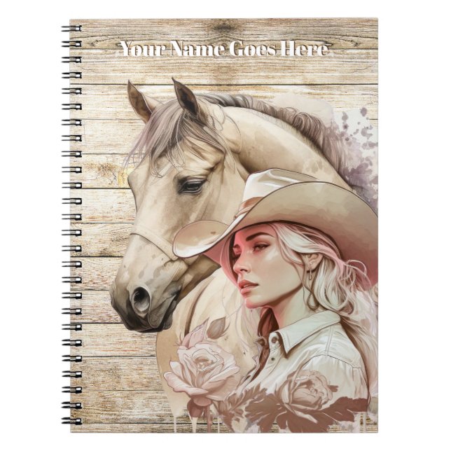 Cuaderno Cowgirl acuarela de caballo de madera nombre DIY (Frente)